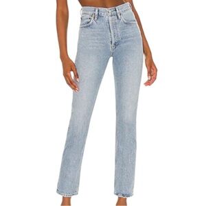 Agolde Riley Light Blue Straight Leg Jeans with Frayed Hem - 25